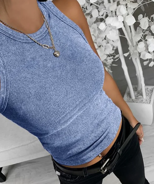 

Sexy Elegant Camis Vest O-Neck Casual Skinny Ribbed Tank Top New Fashion 2024 Summer Casual T-Shirt Pullover Tops