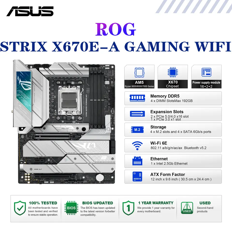 لوحة أم ASUS ROG STRIX X670E-A GAMING WIFI بمقبس AM5 ومعالج DDR5 بسرعة 8000+(OC) وشريحة X670 ولوحة رئيسية ATX