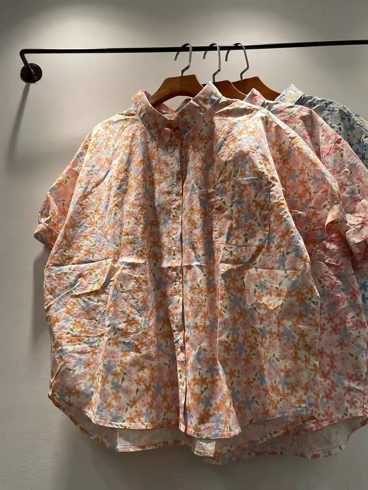 바스트 120cm 코튼 프린트 셔츠와 여성용 블라우스 여름 짧은 소매 탑 대형 한국 인기 의류 여성