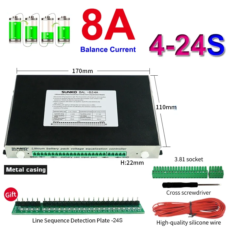 8A 0.01V Active Equalizer Balancer Balance Board 18650 Battery Pack 4S~24S LiFePo4 Li-ion Battery Energy Transfer Metal Case