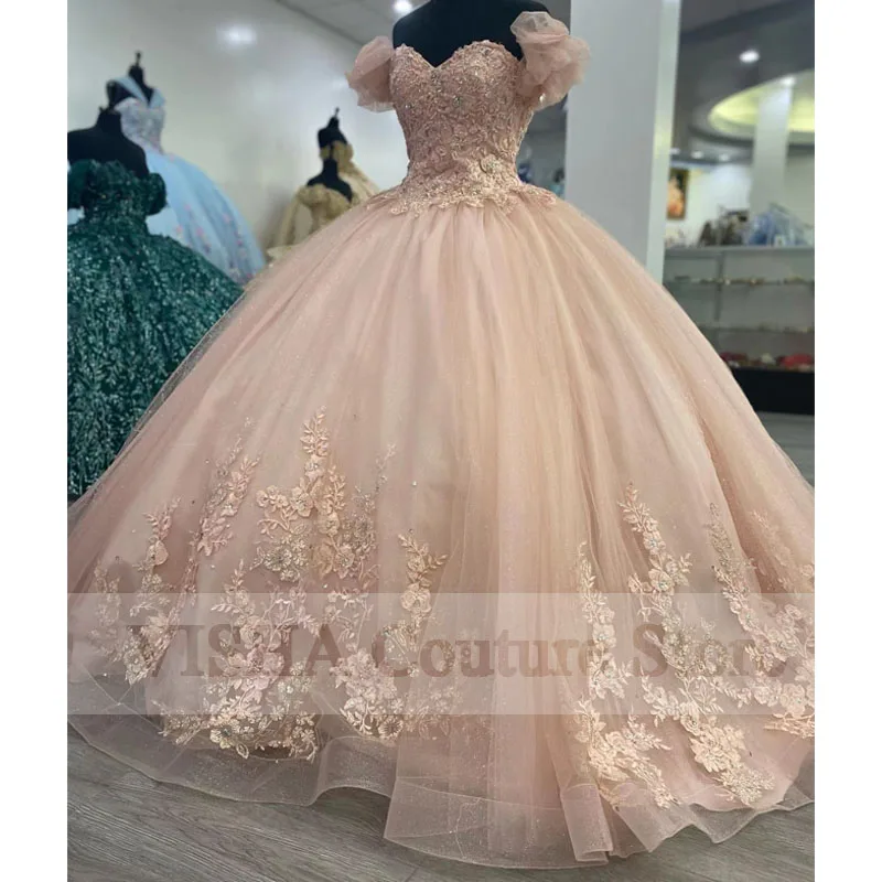 Cinderella Quinceanera ชุด2022 Tulle Lace Up Appliques ชุดไปงานเต้นรำ Gillter ชุดงานวันเกิด Vestidos De 15ปี