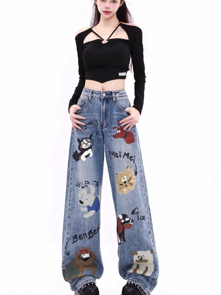 Graffiti print jeans feminino outono e inverno engrossado design de pelúcia cintura alta solta calças retas