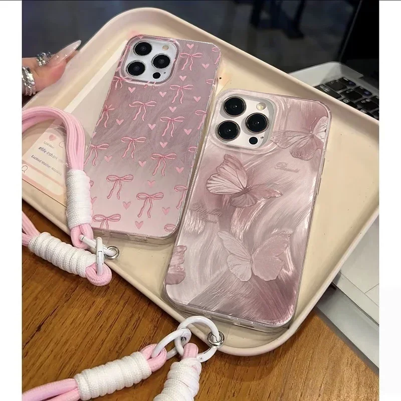 Gradual Pink Butterfly Bow Lanyard Case For OPPO A6 Pro A6C A6X A60 A6C A60 A58 A38 Reno 15F 15 13 12 Pro 11F 5G  Hard IMD Cover