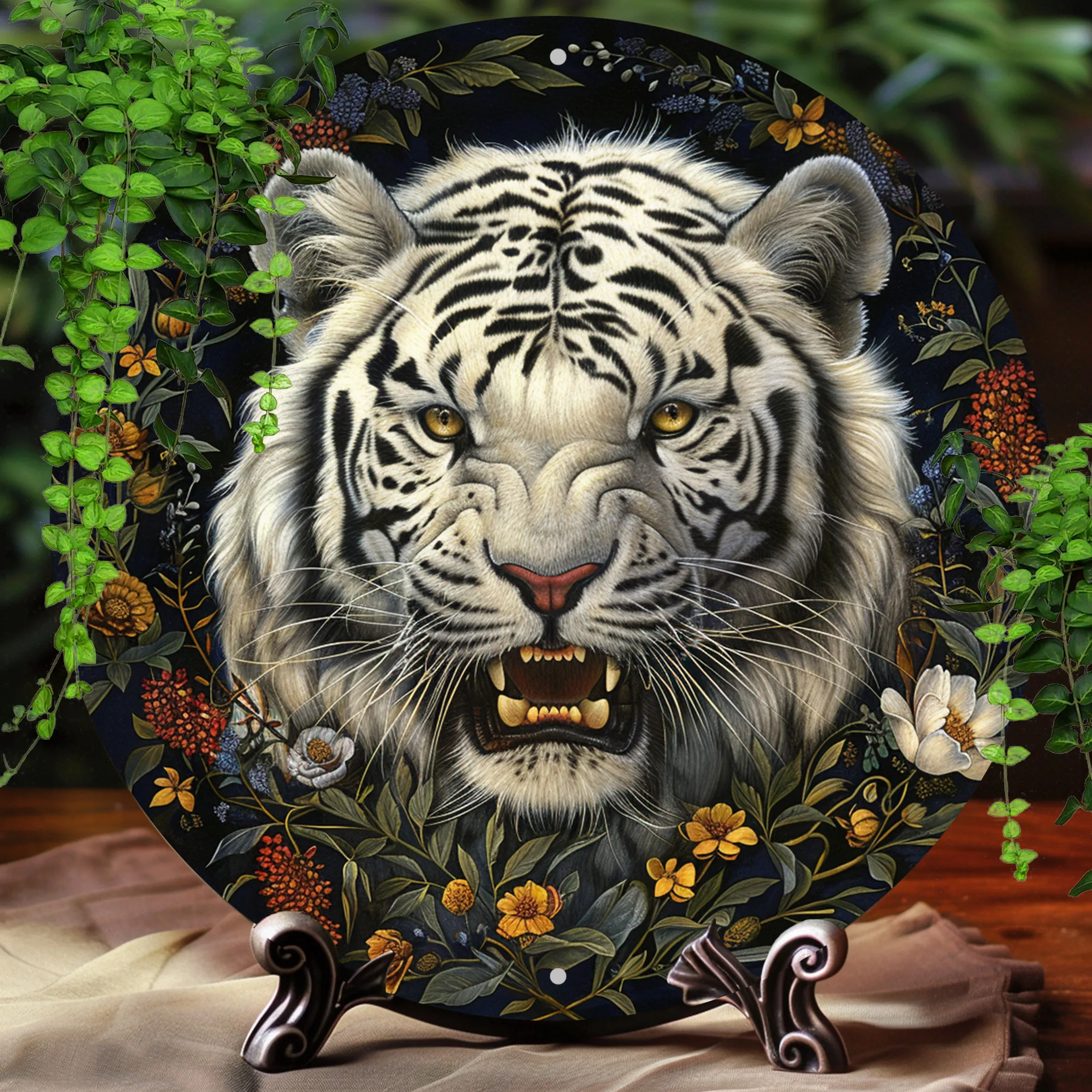 1 Stück, 2D-Flachdruck, rundes Aluminiumschild, Wandkunst, Vintage-Metallschild, weißes Tiger-Thema, Bar-Küchen-Kaffeeschild, für das Wohnzimmer