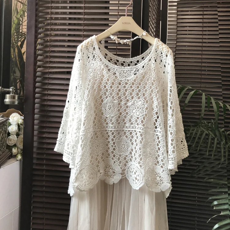 

Summer Lace Knitted ort Svel oulder awl Hollow out Me Top Women's Faion Outerwear Straight Cut Regular Length