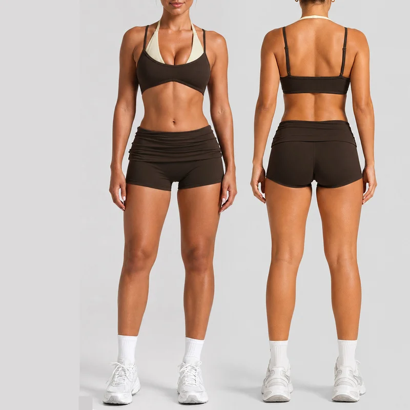 Women 2 Pcs Yoga Outfit Set Halter Neck Back Beauty Sports Bra Fold Over Waist Fitness Shorts Gym Running Workout Activewear Set