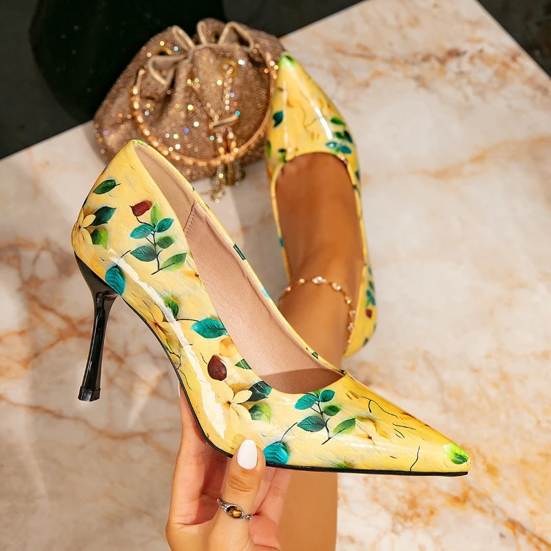 

New Women's High Heels Women's Fashion Printing Simple Pointed Stiletto High Heels Women's Single Shoes