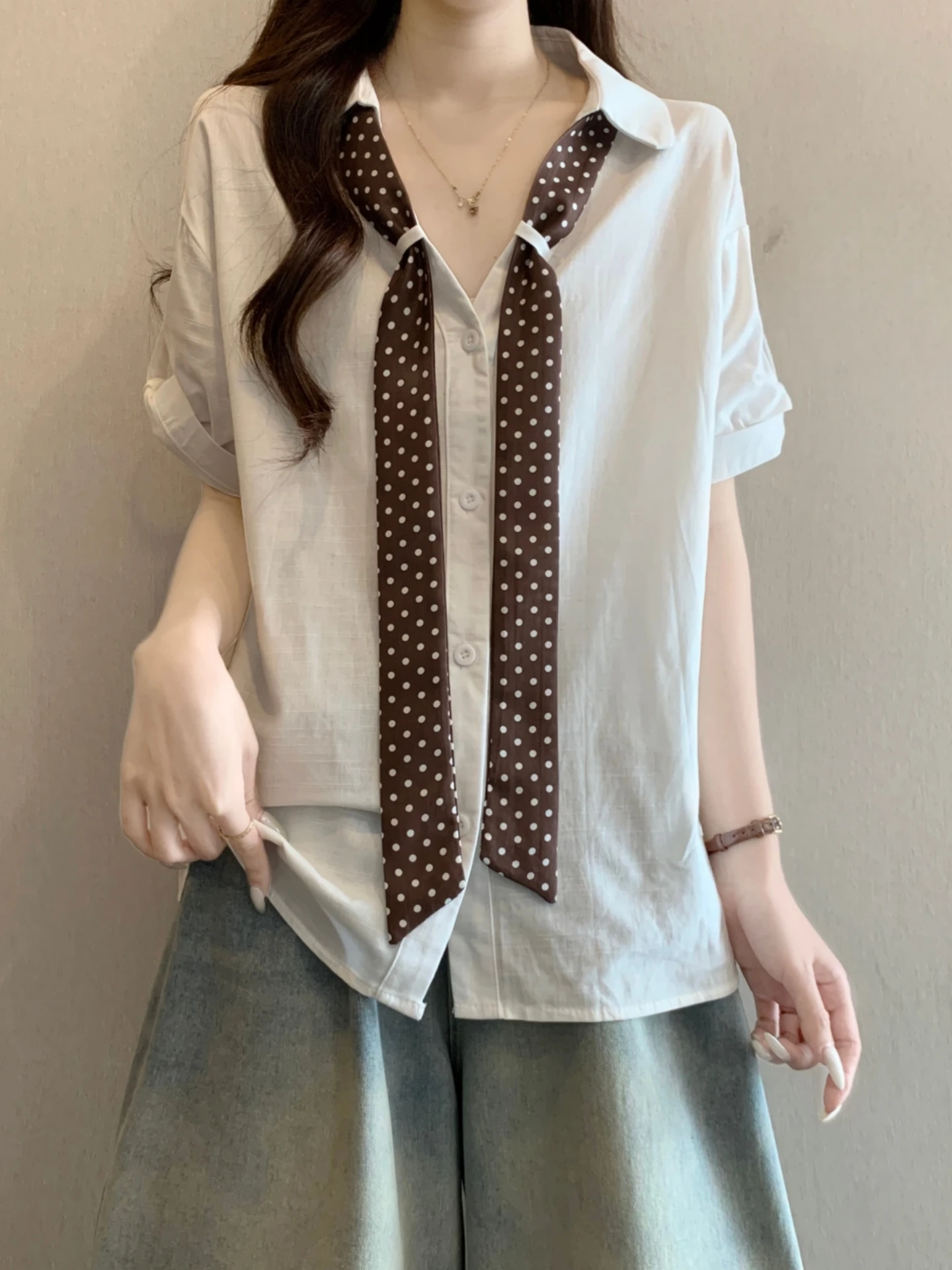 

Polka Dot Silk Scarf Belted V Neck Short Sleeve Shirt Women Summer plus Size Slimming Design Sensation Elegance Base Top