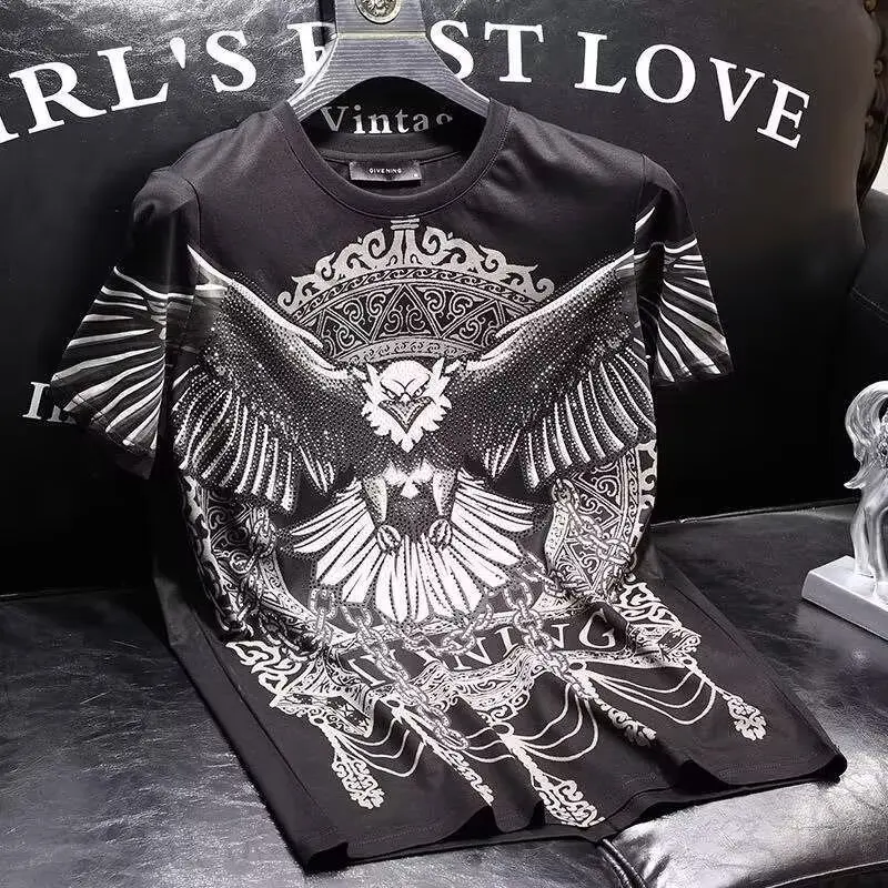 2024 New Summer Short Sleeve T-Shirt for Men with Eagle Rhinestone Embellishment - Fashionable and Versatile Shirts for Men