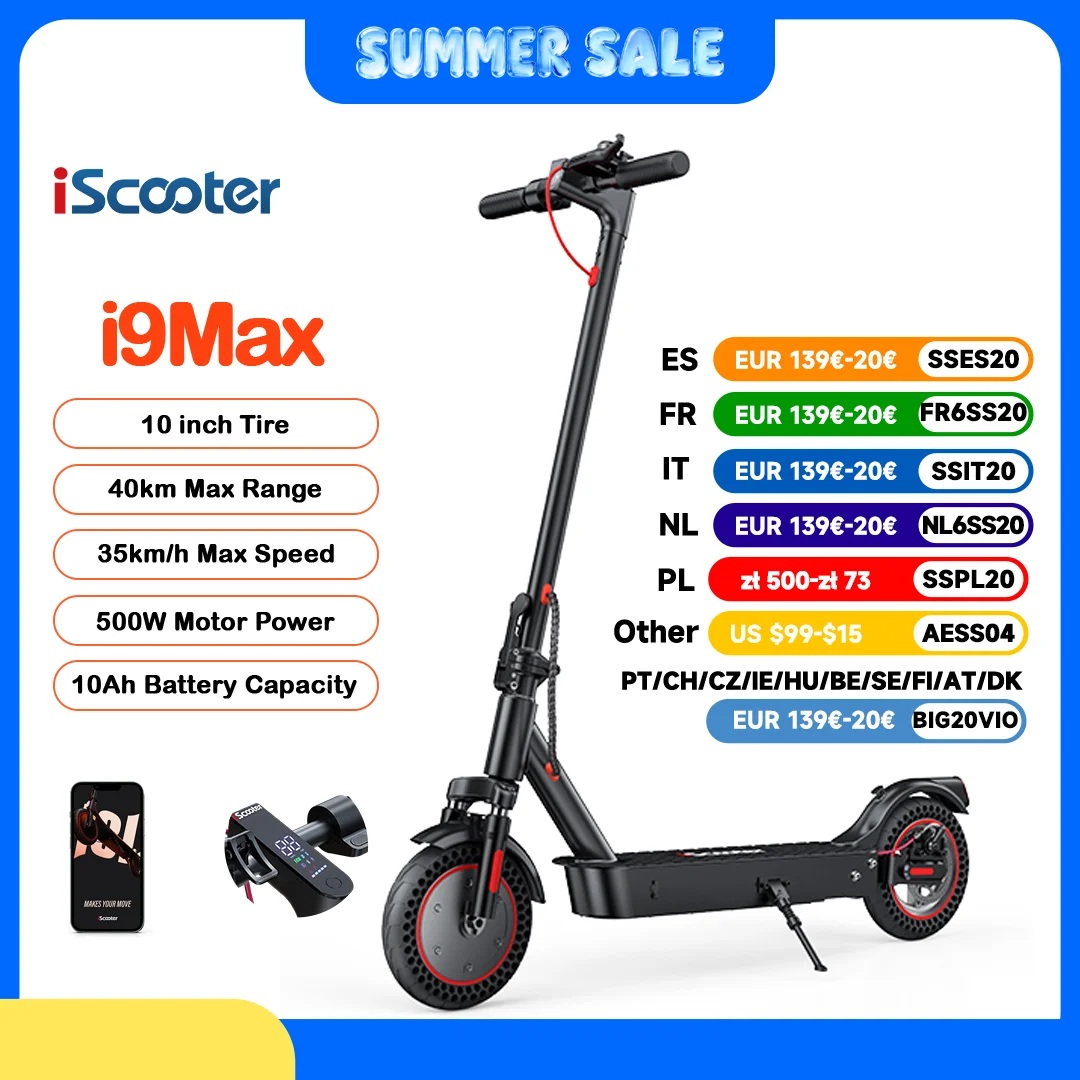 IScooter-patinete eléctrico i9Max de 10 pulgadas, Scooter con Motor máximo de 500W, doble absorción de impacto, 35 KM/H, 10Ah