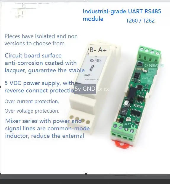 Industrial Grade RS485 to TTL/UART Half-duplex Two-way Communication Module / Isolated / with Shell /T260/62