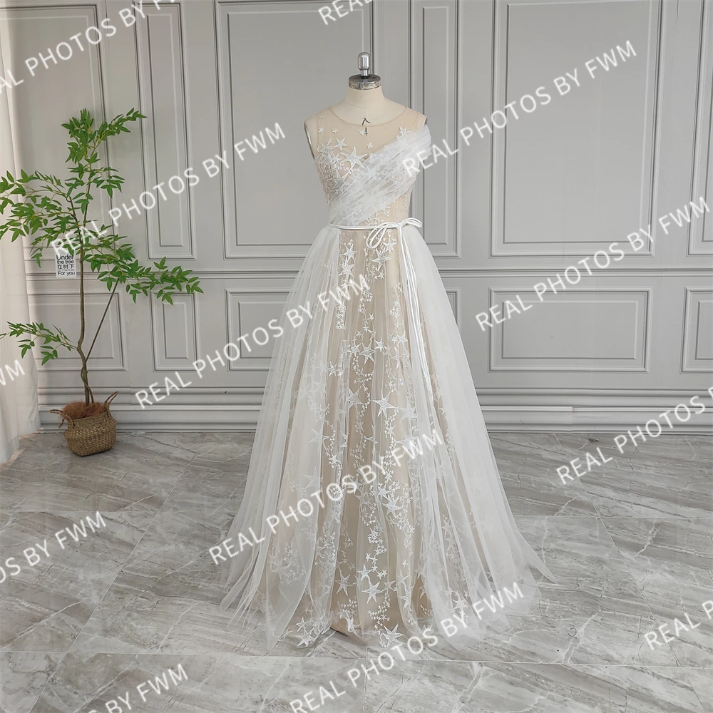 12890 #   Personalizado boho estrelas rendas a linha vestido de casamento para mulher plissado tule vestido de noiva com cinto 2024 novo design