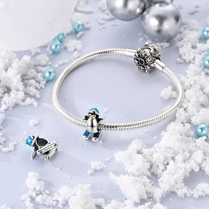 925 Sterling Silver Snowman Snowflake Charms Bead CZ Zircon Winter Series Pendants Fit Original Bracelet DIY Jewelry Gift