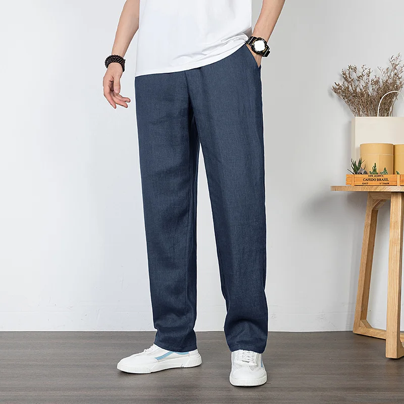 100% Linen Solid Color Basic Loose Casual Pants For Men Summer Thin Men's Straight Long Trousers Japan Trend Cotton Linen Pants