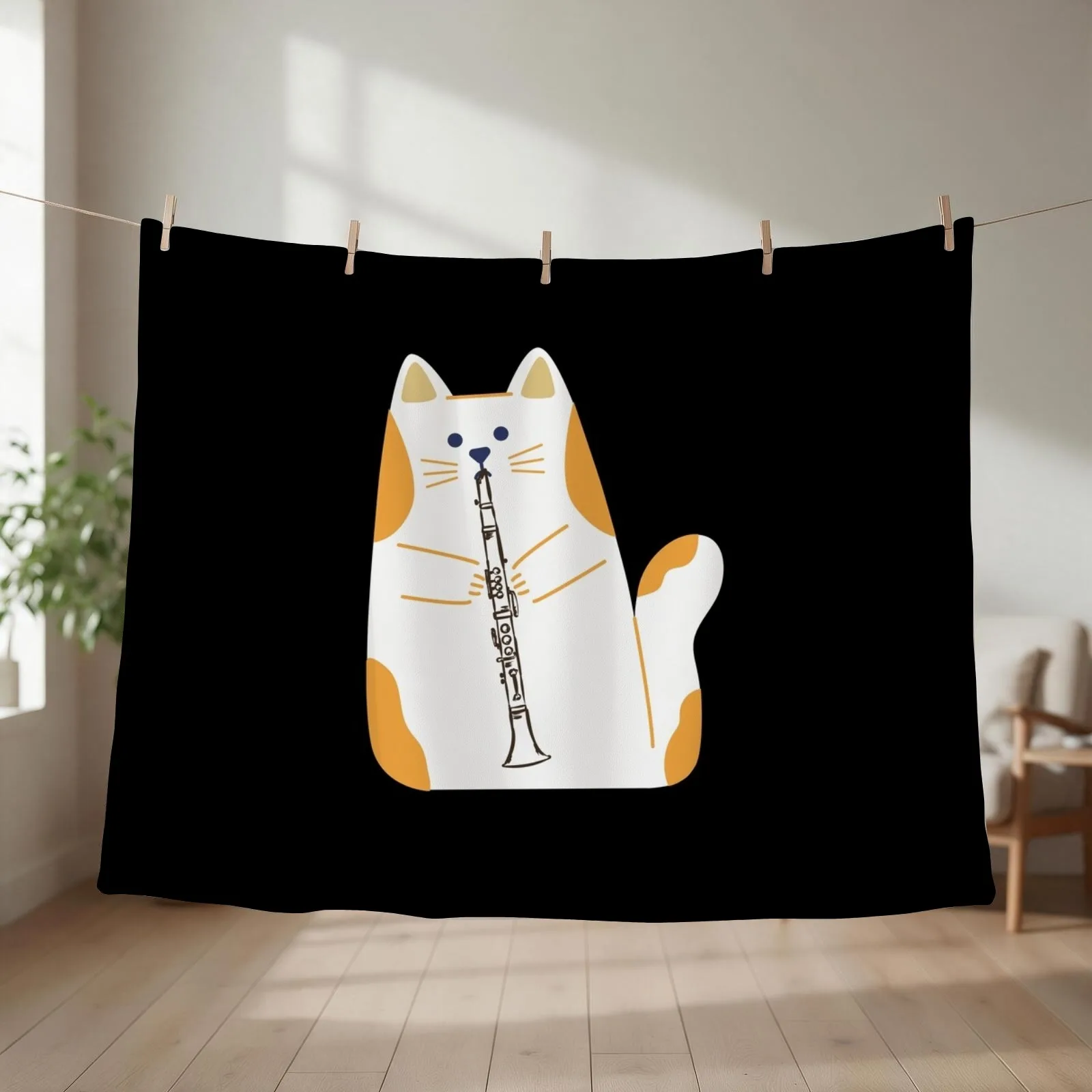 cat playing the CLARINET Throw Blanket Soft Plush Plaid Furrys Bed linens Blankets For Bed Blankets