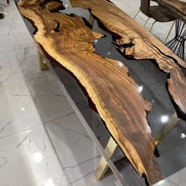 More Design Luxury Factory Direct Solid Walnut Wood Coffee Cafe Kitchen Restaurant River Epoxy Resin Slab Dining Table