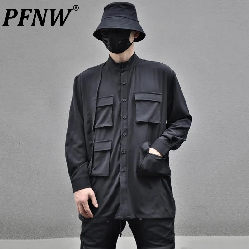 

PFNW Dark Style Men's Shirts Irregular Patchwork Three-dimensional Multi-pocket Stand Collar Single Breasted Male Tops 12C686