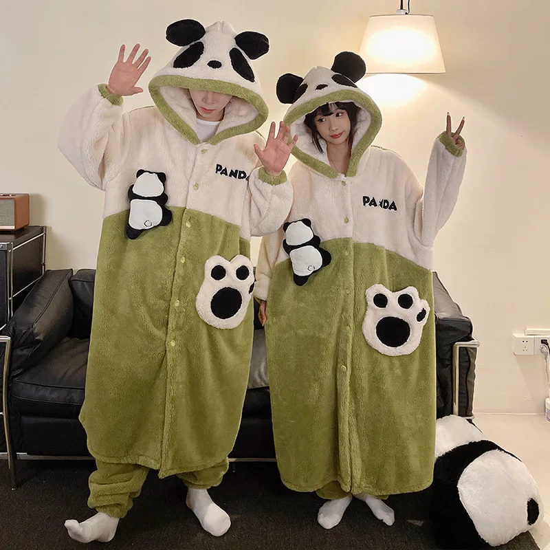 2pcs Autumn Winter Couple Pajamas Set Female Cartoon Hooded Nightgown Men's Loungewear Funny Clothes Women Nighty