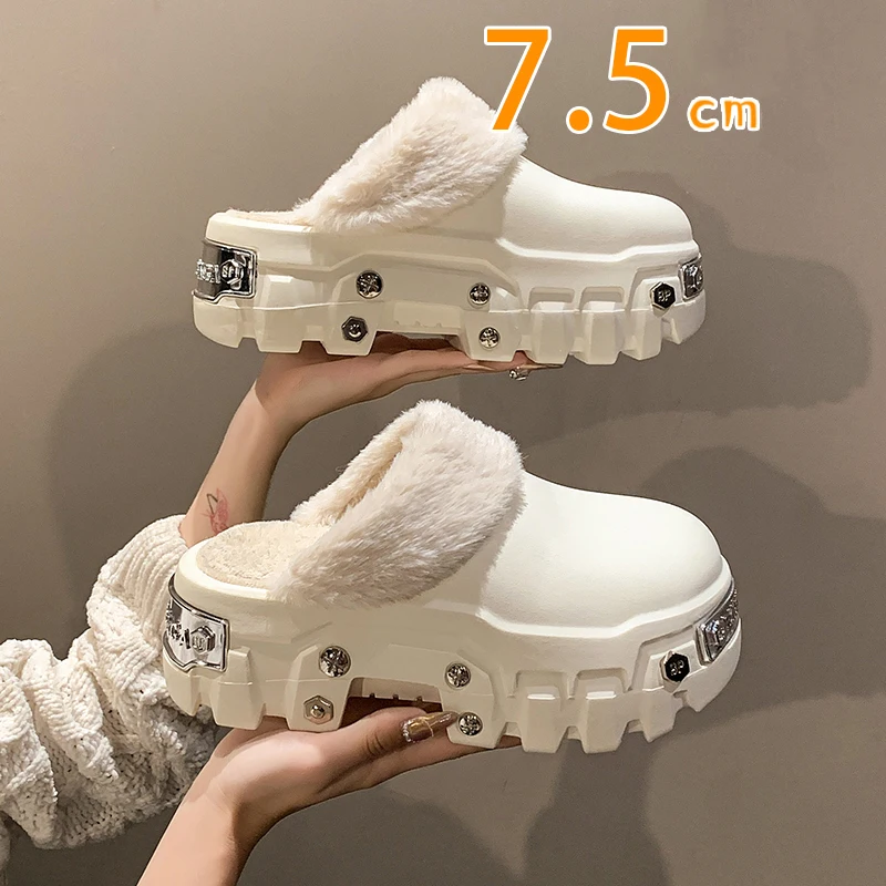 Women Winters Slippers Platform Fashion Casual Shoes For Female Short Plush Warm Clogs Cotton Shoes EVA Metal Punk Slides