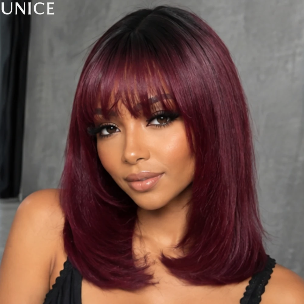 UNice Dark Roots 1B99J Burgundy Ombre Layered Cut Yaki Straight Bob Wig With Bangs 100% Human Hair Full Machine Made Glueless Wig 150% Density