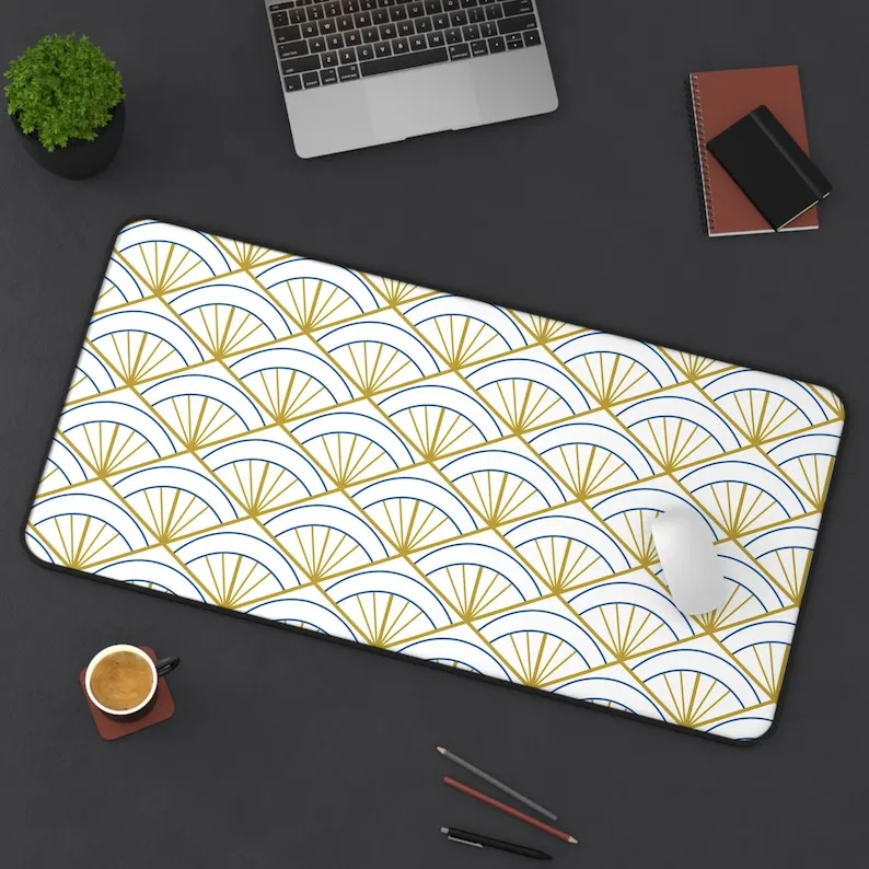 

Golden Art Deco Geometric Pattern Desk Mat Classic Elegant Decor Luxury Sophisticated Glamorous Mousepad Home Accesory