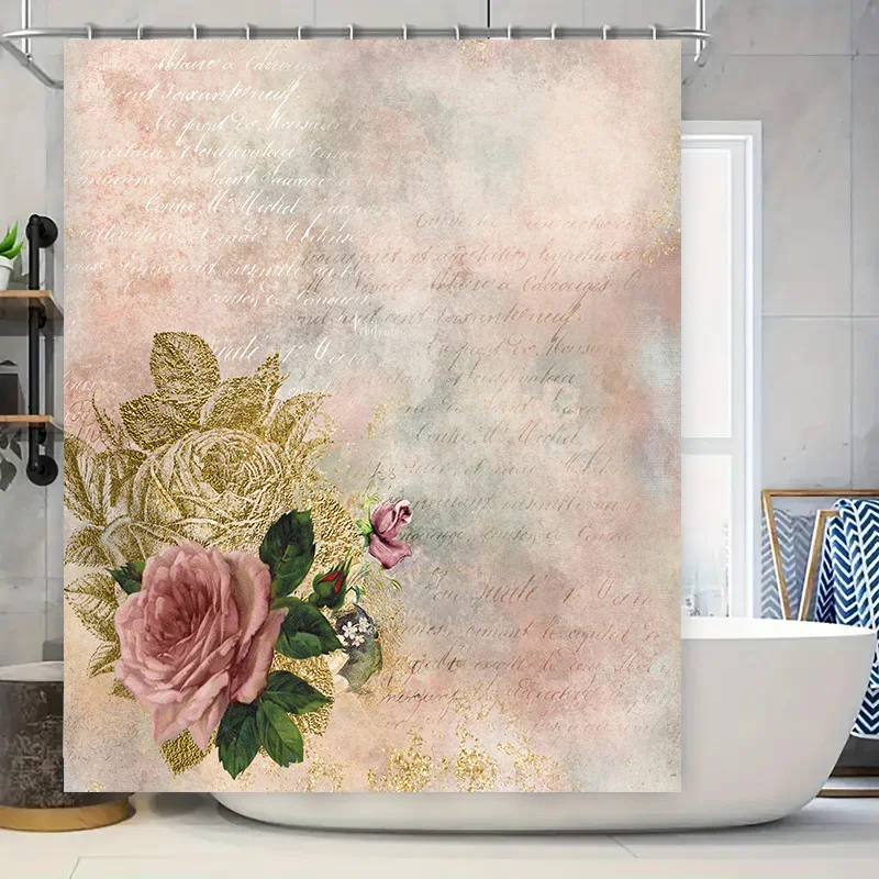 

Роскошный комплект занавесок для душа с цветочным принтом, розовые розы, золотой акцент, декор для ванной комнаты, украшение дома, настраиваемые варианты размера Av