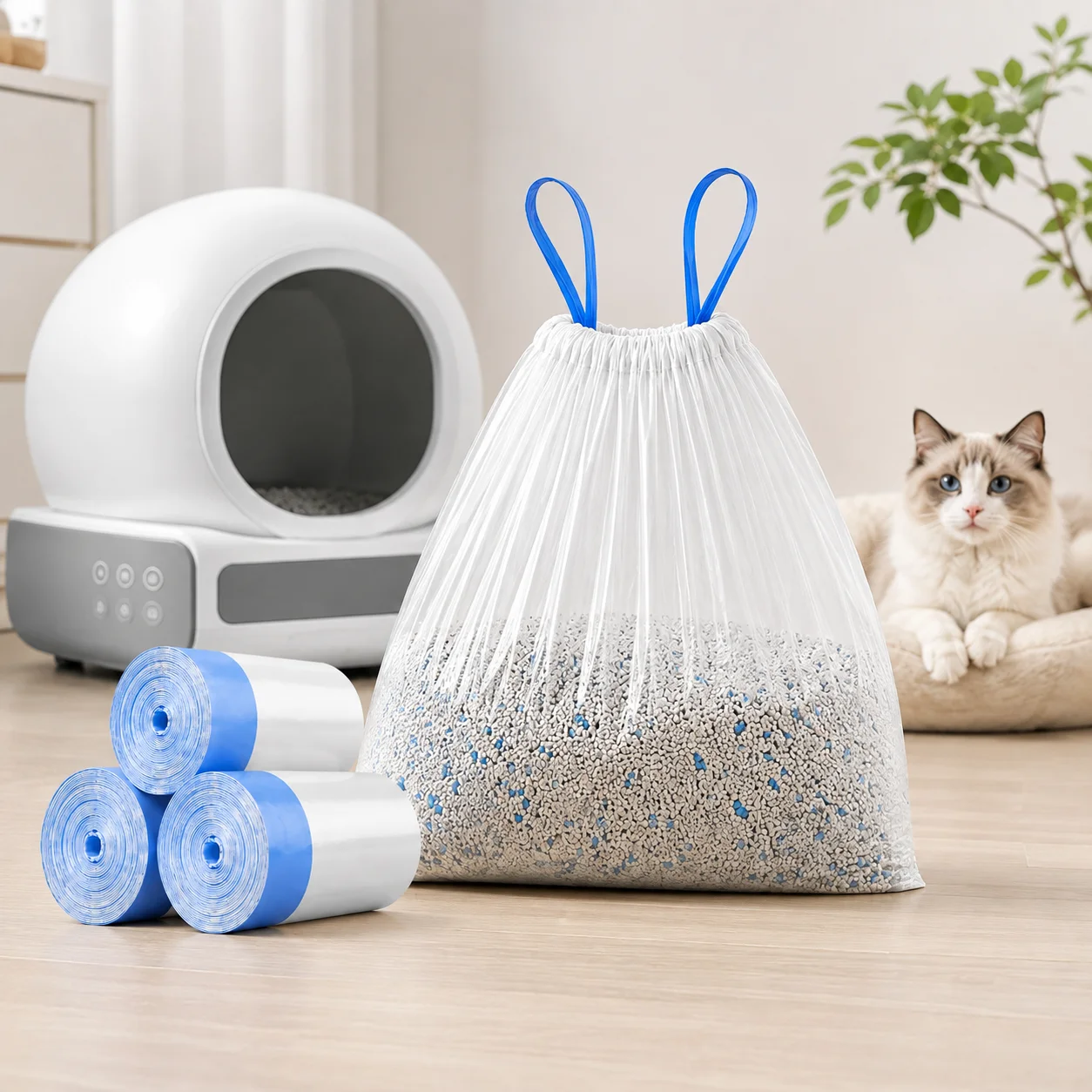 Premium Cat Litter Bags for Automatic Litter Boxes, 60 Pack Large Drawstring Liners, Thick Durable Leakproof Pet Waste Bags, Fits Most Self Cleaning Litter Boxes