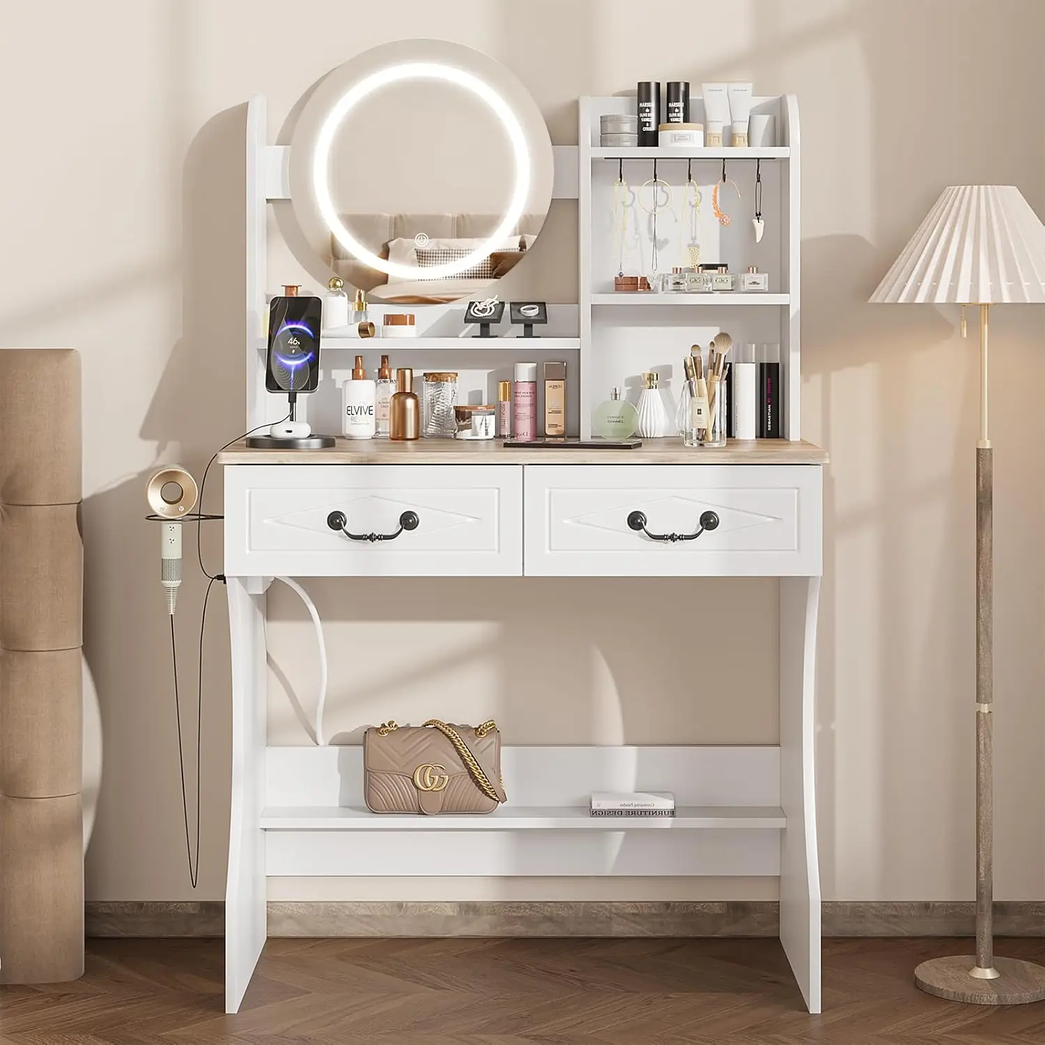 Vabches Escritorio de tocador con luces Espejo redondo Mesa de tocador pequeña con toma de corriente y estantes de almacenamiento Mesa de maquillaje blanca con 2 cajones