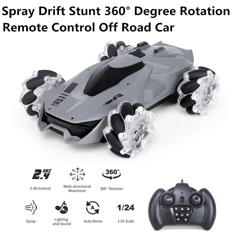 

2.4G RC Spray Drift Stunt Car 360 Degree Rotation Off-Road Twisting with Light One Key Demo Deformation Music Sound Effect Toys