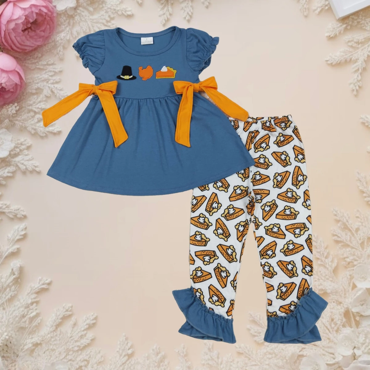 

Baby Girl Thanksgiving Outfit Set Toddler Fall Clothes Turkey Bow Embroidery Infant Navy Flutter Sleeves Top and Ruffle Pants