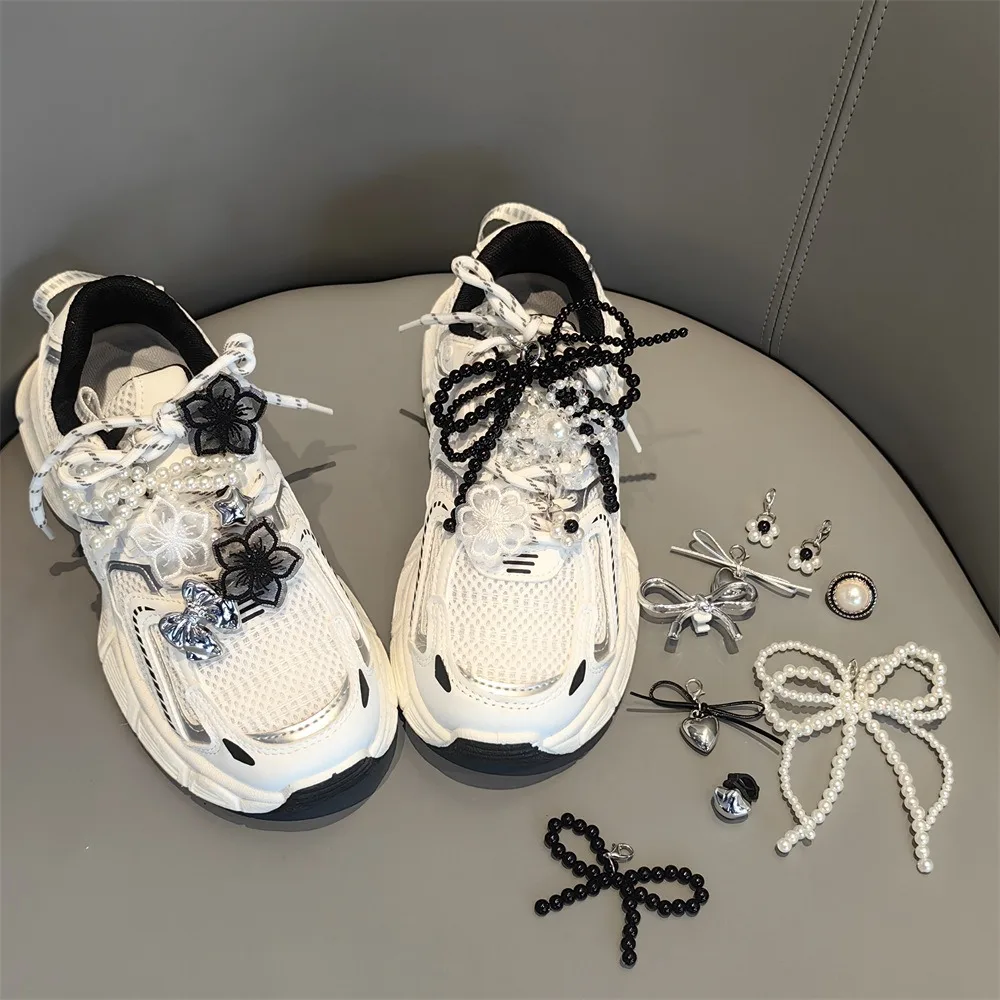 

1PCS Ballet Lace Pearl Shoes Charm Buckle Crystal Flower Black White Color Fairy Bow Shoe Laces Buckle Shoelaces Decoration