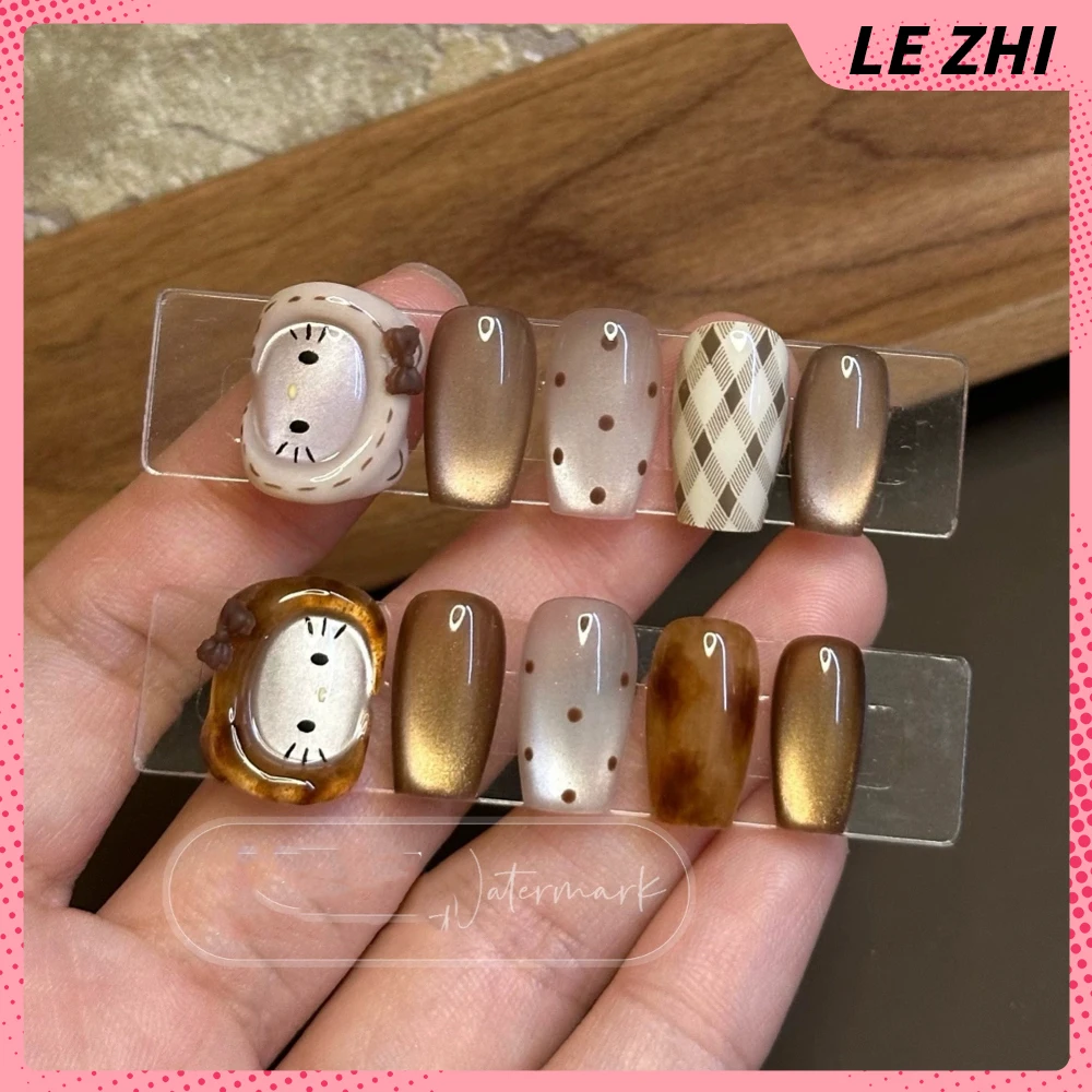 10Pcs Stiker Kuku Panjang Stiletto Buatan Tangan Motif Kartun Hello Kitty Pink, Cherry Pearl Cream Bowknot French Press On Nail