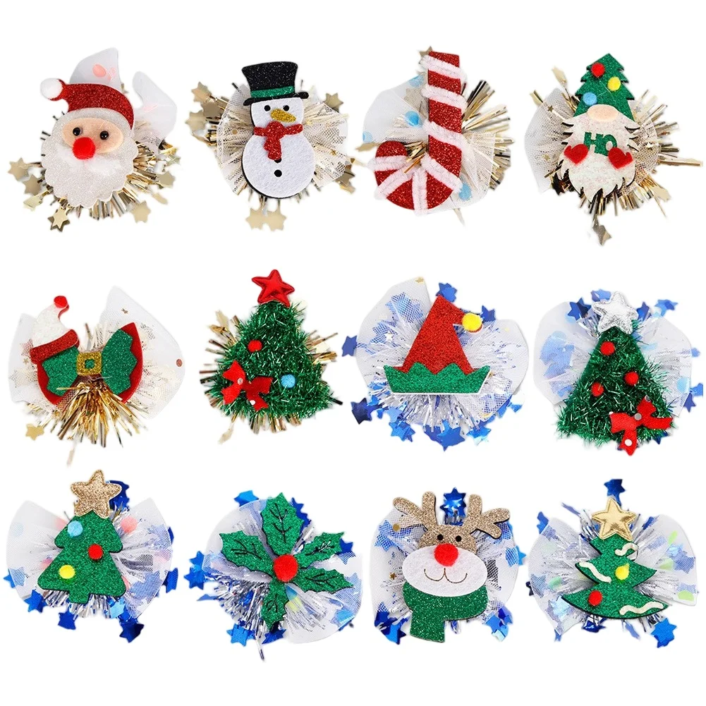 

12pcs Christmas Hair Clips DIY Decorations Christmas Tulle Hair Clip Santa Claus Snowman Hair Clip Christmas Party Decor Parts