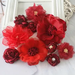 10Pcs Set Red Series Mix 10 Styles Chiffon Organza Fabric Rose Flowers Wedding Dress Girls Clothing Headwear Decoration