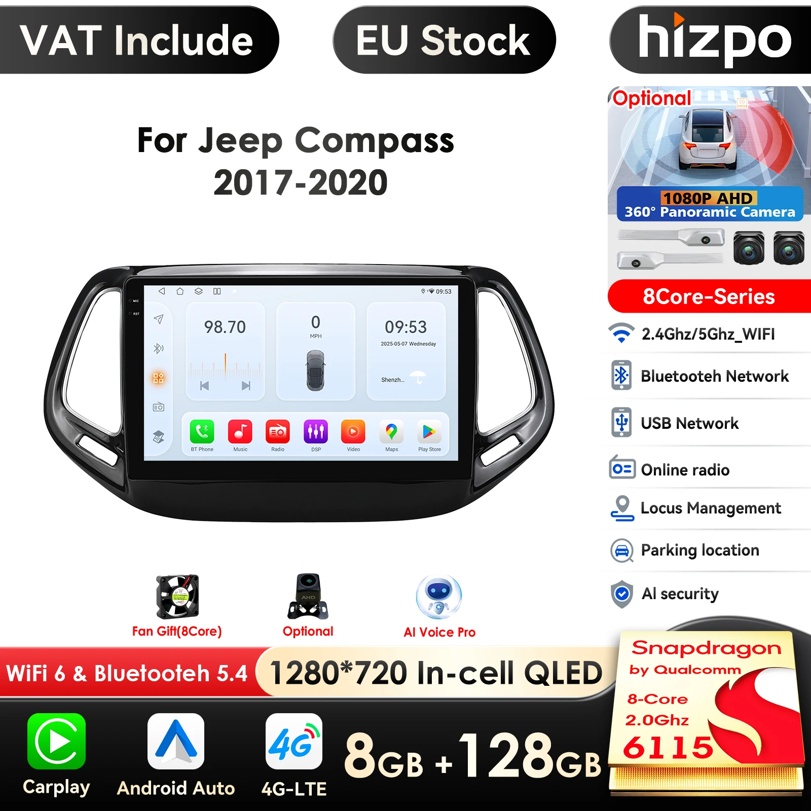 Hizpo Auto Android 14 voor Jeep Compass 2017-2020 Auto Radio Multimedia Speler GPS Navigatie Carplay Stereo 4G BT Geen 2din DVD AI - afbeelding 2