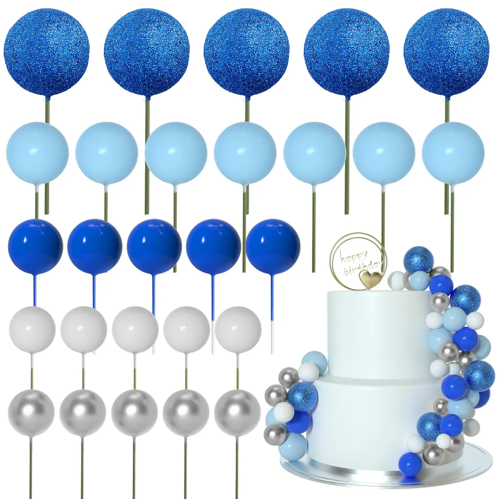 50 Stück Kugel-Kuchenaufsatz, glitzernde Schaumstoffkugel für Kuchendekoration, Dekorationen für Babyparty, Kuchen, Geburtstagskuchen-Topper, Dekorationen