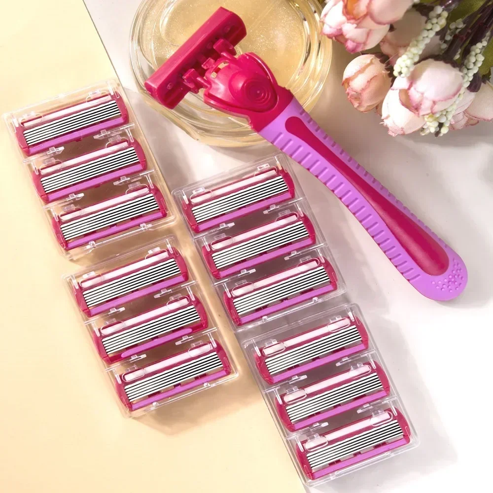 여성용 수동 안전 면도기, 6 레이어 스테인레스 스틸 제모 면도날, 교체 가능한 면도기 헤드, 핸들 1 개, 블레이드 12 개