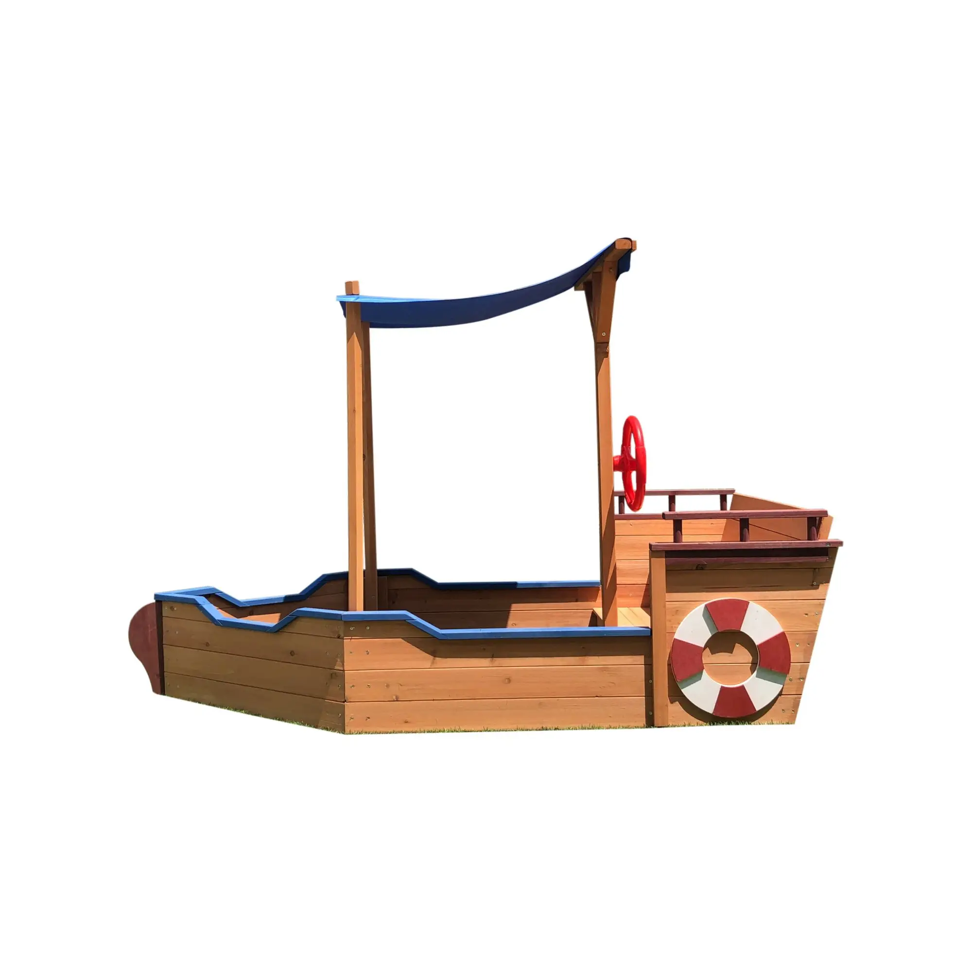 Pirate Ship Sandbox with Cover and Rudder, Wooden Sandbox with Storage Bench and Seat, Outdoor Toy for Kids Ages 3-8 Years Old