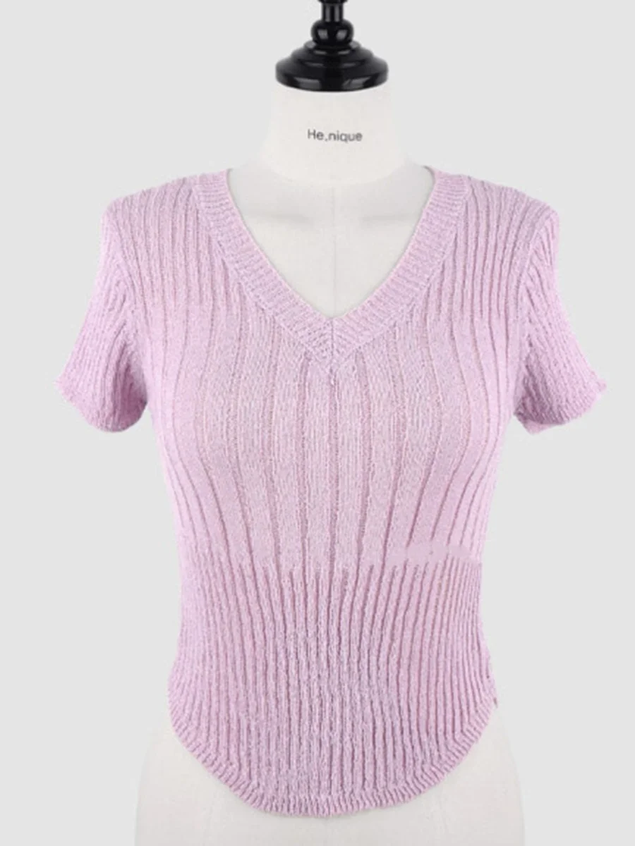 

Summer New Sle Sexy V-ne Knitted Top Women's Versatile Slimming ort Sve T-irt Korean Version Slim Fit Polyester Fiber