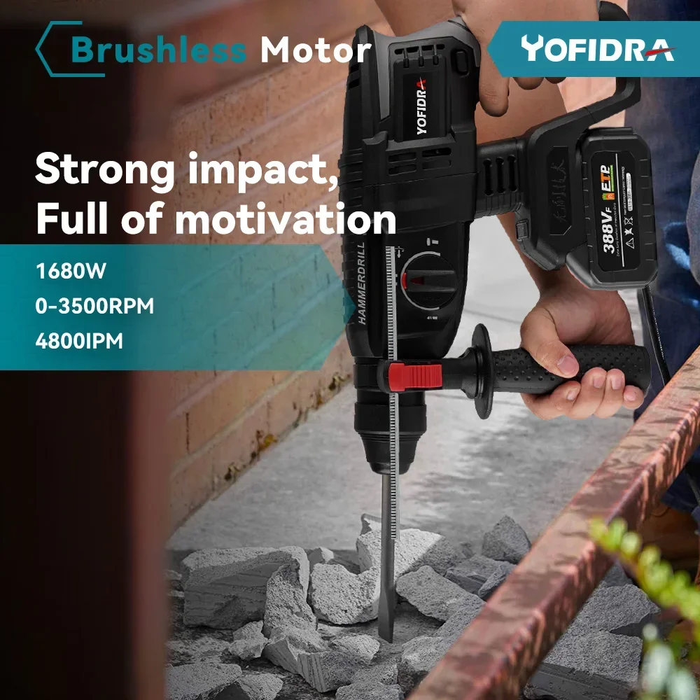 Yofidra 26mm Brushless Electric Hammer Impact Drill Multifunction Efficient Cordless Rotary Power Tool For Makita 18V Battery