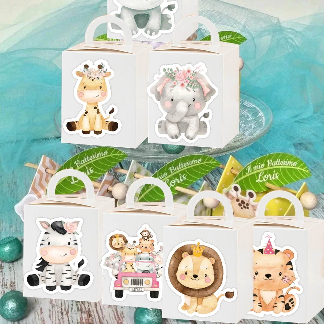 24pcs Carton Animal Stickers Candy Box Sticker for Girl\'s Jungle Safari Happy Birthday Party Decoration DIY Packaging Supply