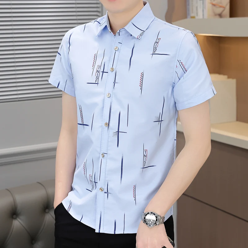 Men\'s Letter Striped Button Printing Short Sleeve Contrast Color Turn-down Collar Cardigan Shirt Summer Business Boyfriend Tops