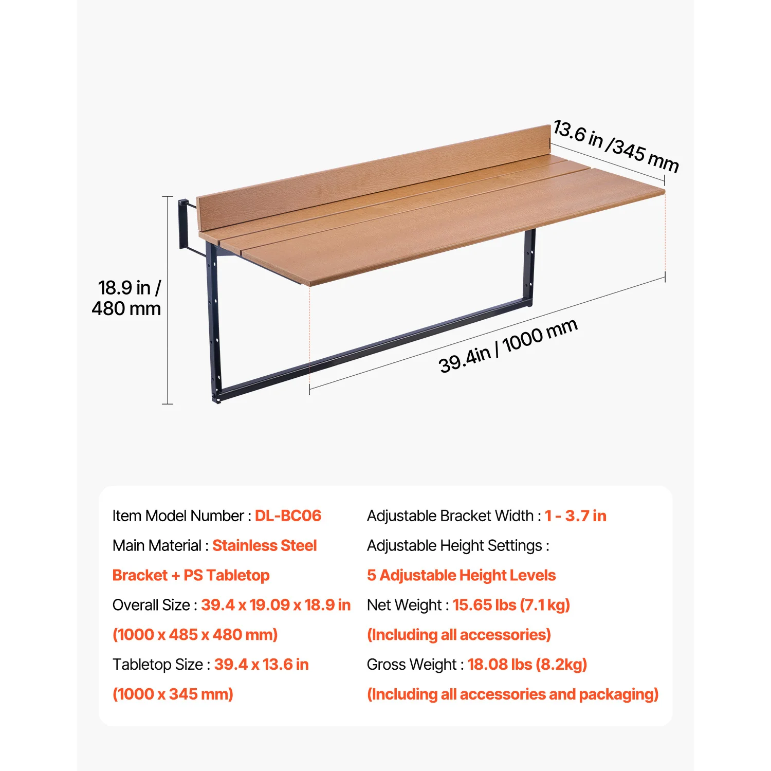 SucceBuy Balkon Hangende Opklapbare Tafel Balkon Leuningtafel Buiten Balkon Bartafel voor Leuningen Serveertafel voor Patio