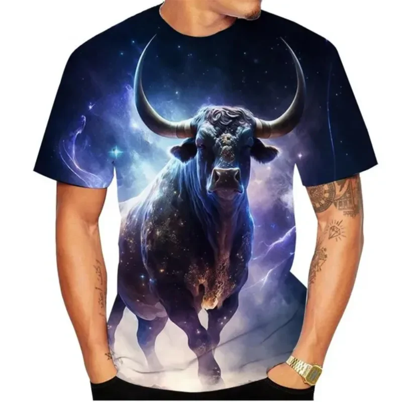 Summer Bull 3D Print T-Shirts Streetwear Men Fashion Casual Oversized O-Neck Short Sleeved T Shirt Tees Tops Clothing