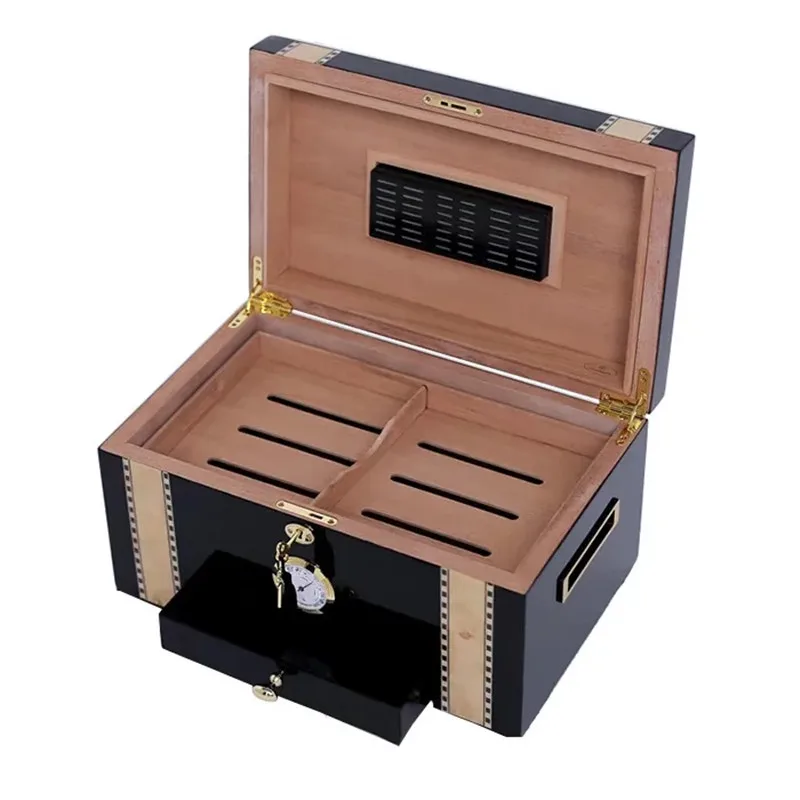 A Large Capacity Piano Lacquered Cigar Box With Independent Small Drawers And Cedar Wood Tray.