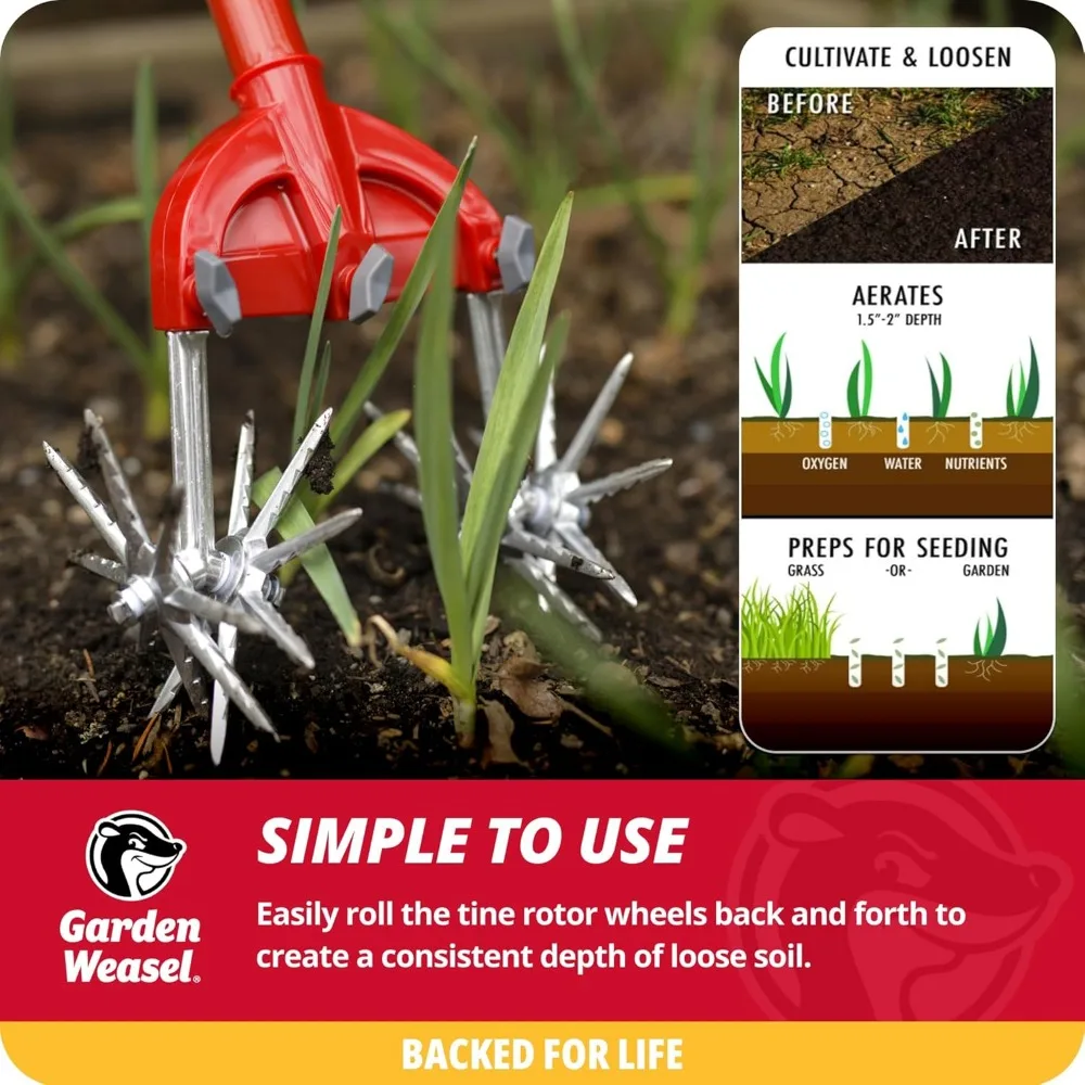 آلة زراعة دوارة 2 في 1 وحراثة يدوية للحديقة والحديقة - تهوية، عشري، زراعة التربة بكفاءة