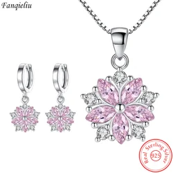 Fanqieliu Genuine 925 Sterling Silver Vintage Flower Earrings Crystal Pendant Necklace Jewelry Set For Women New FQL22184