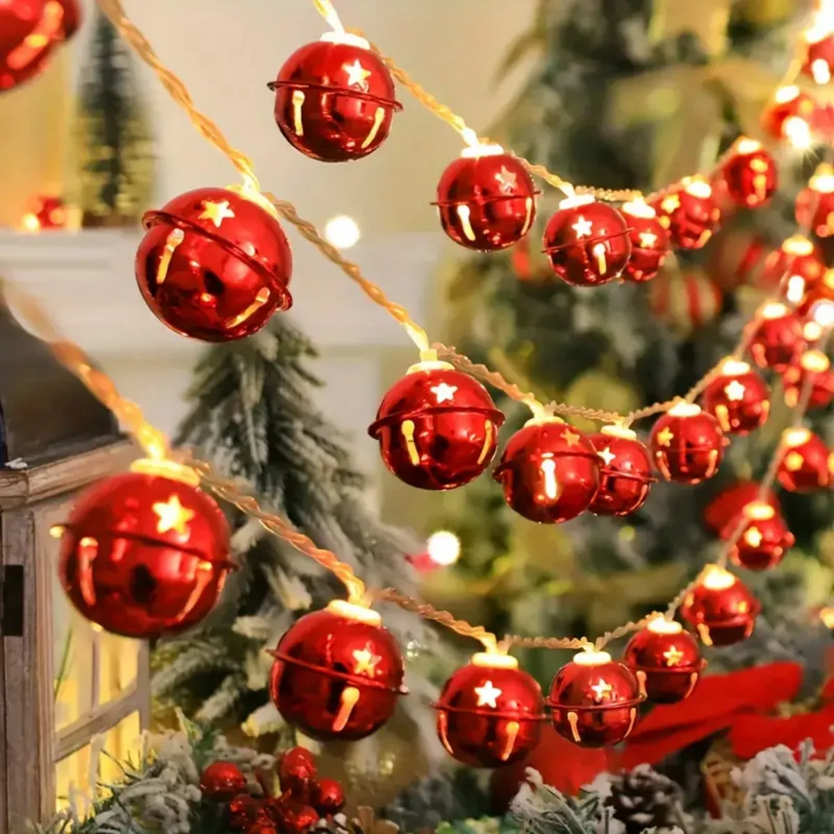 1pc Christmas Red Green Bells String Lights Hanging Garland Decorative Lamp Battery Powered For Home Bedroom Fireplace Decor