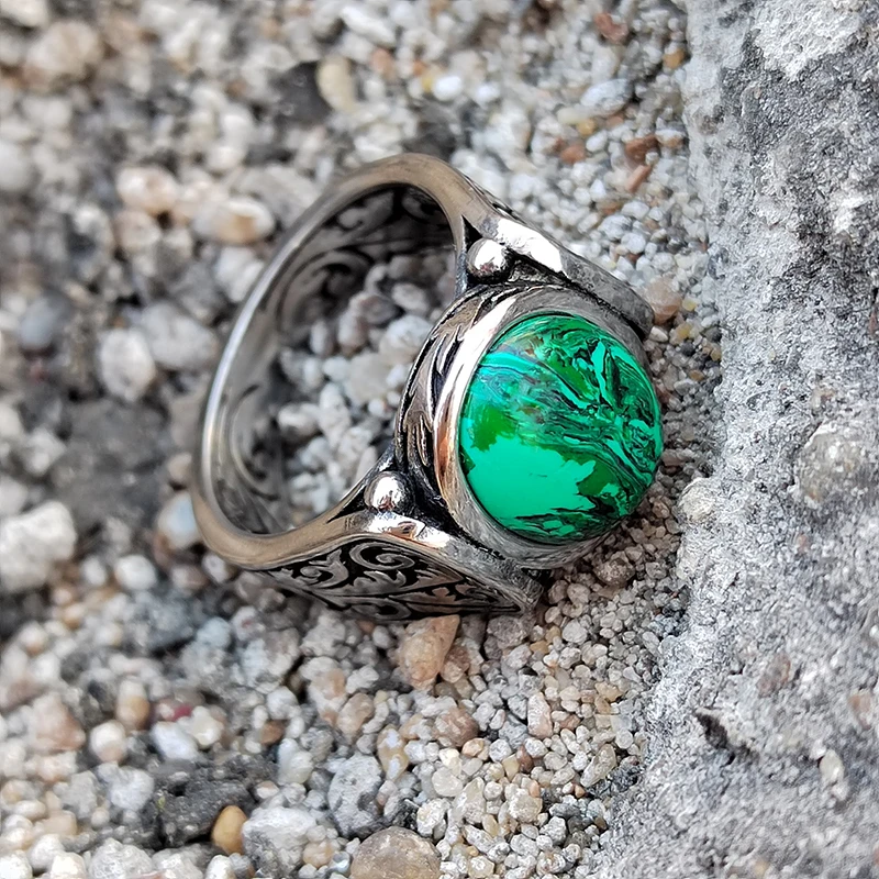 Genuine Malachite Ring Vintage Gothic Natural Gemstone Jewelry 316L Stainless Steel Rings for Men Women Boyfriend Birthday Gift