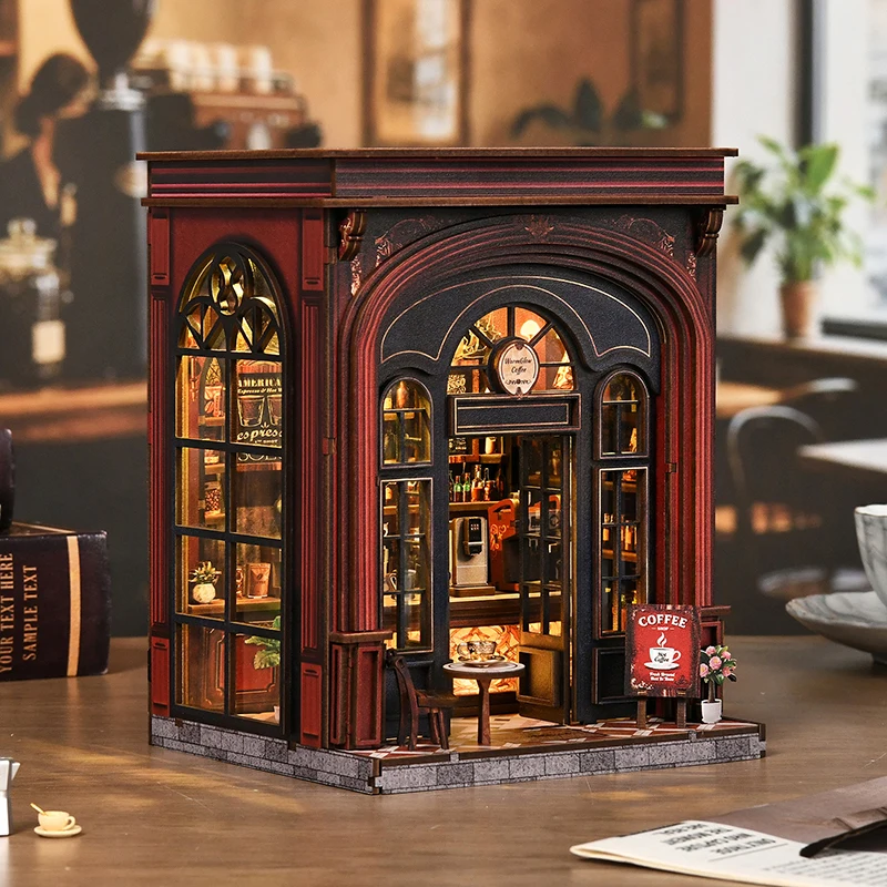 DIY Wooden Book Nook Figurines Miniatures Warmglow Coffee Store Bookend for Friends Birthday Gifts Home Decoration Crafts